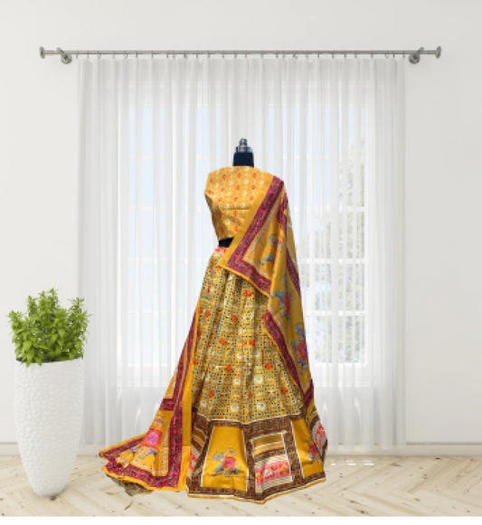 Patola silk digital printed lehanga -  Yellow