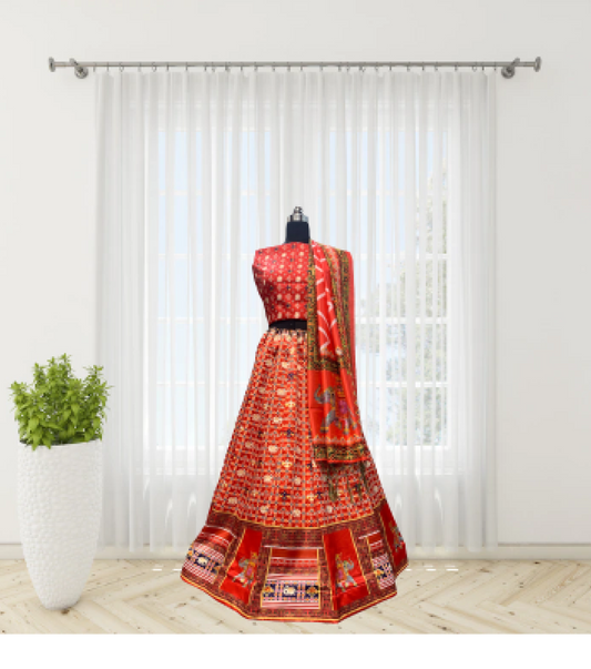 Patola silk digital printed Red lehanga