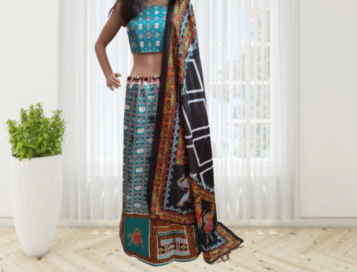 Patola silk digital printed lehanga -  Turquoise