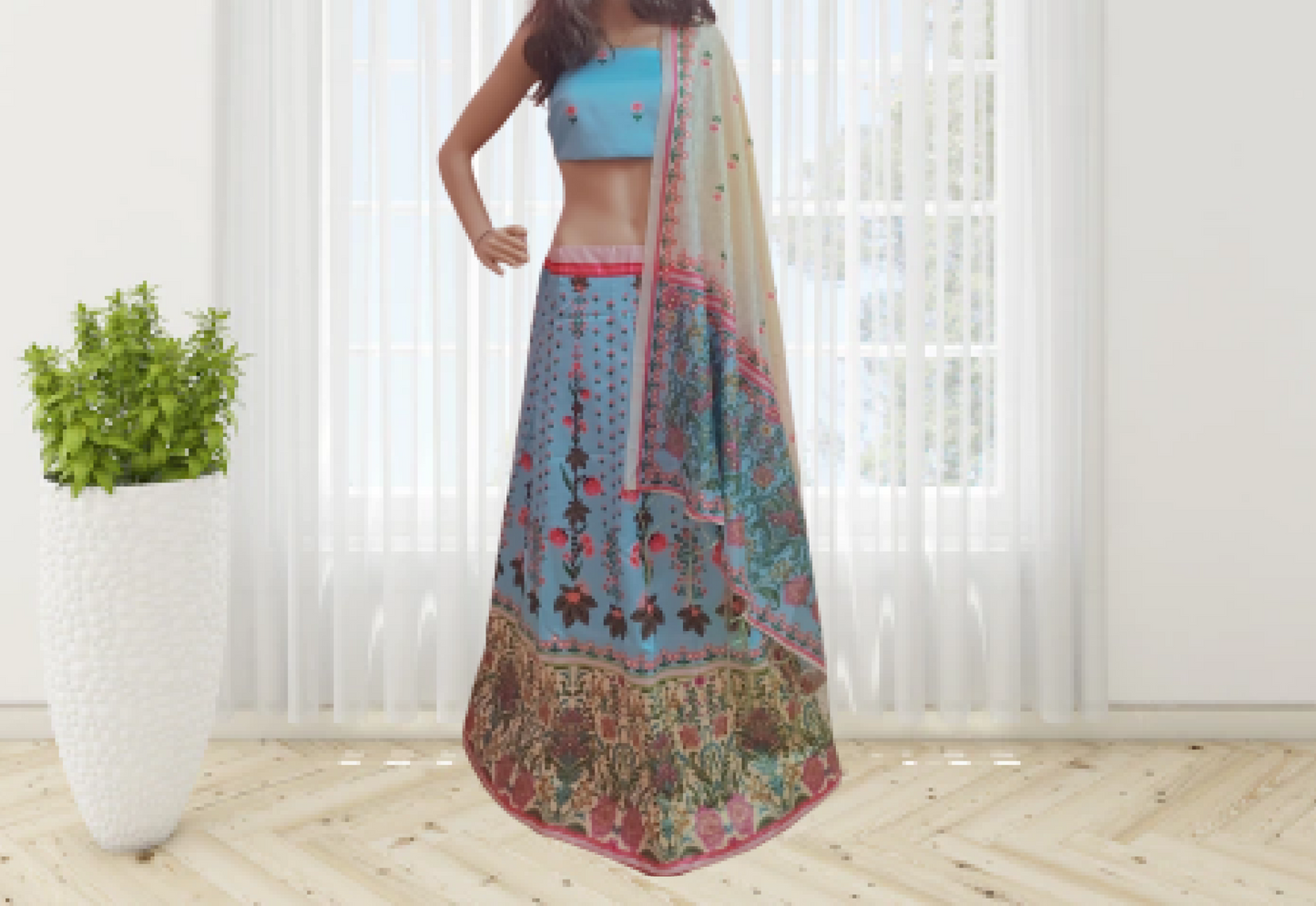 Patola silk digital printed lehanga -  Sky Blue